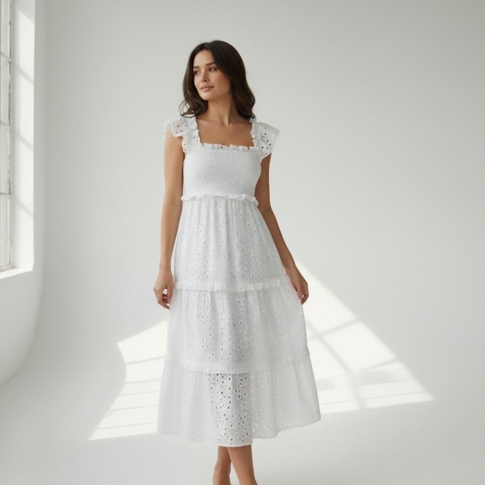 Cleobella White Organic Cotton Eyelet Smocked Tiered Midi Dress Womens Size XS